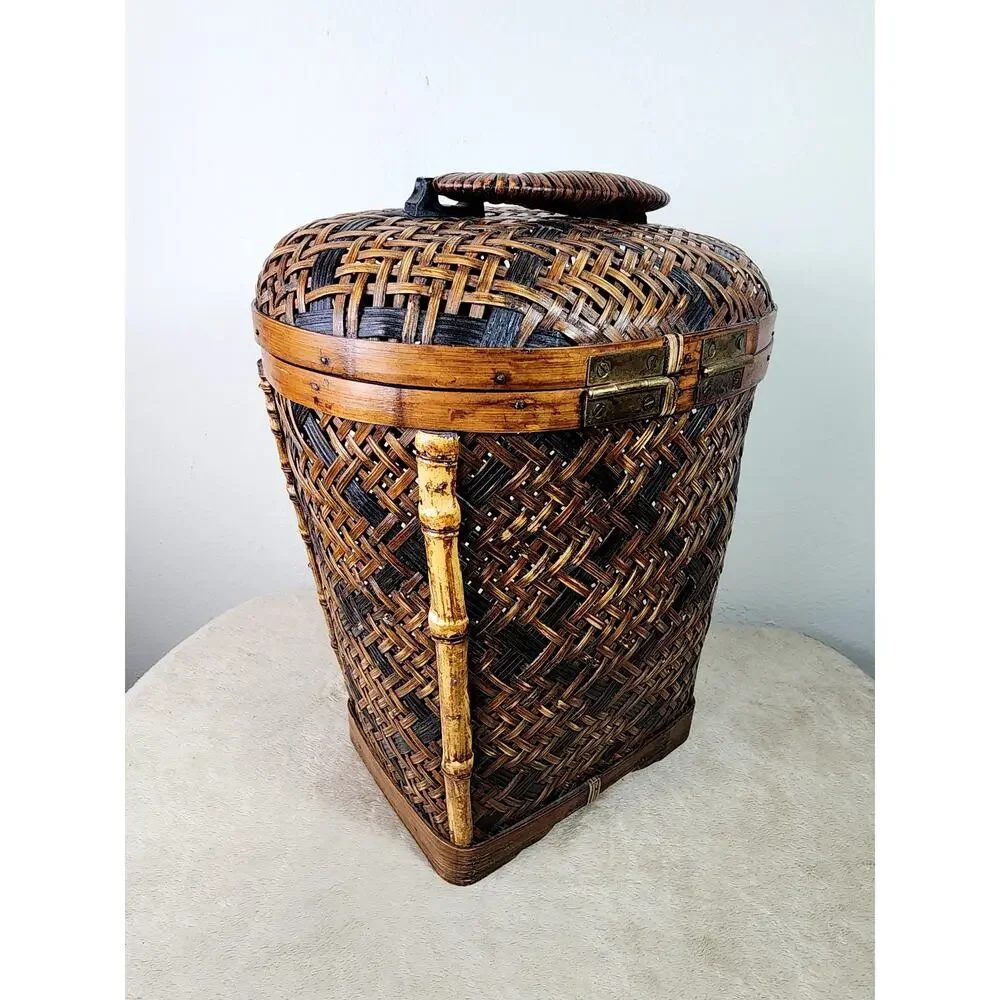 Woven Rattan Lidded Large Basket w/ Lid Brass Accent Asian Inspired 80s Vintage